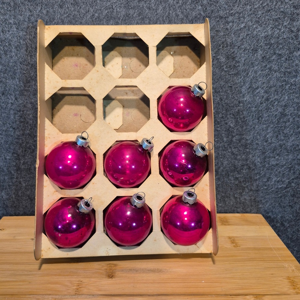 7 Vintage Coby MCM Hot Pink Glass 2" Ball Christmas Ornaments